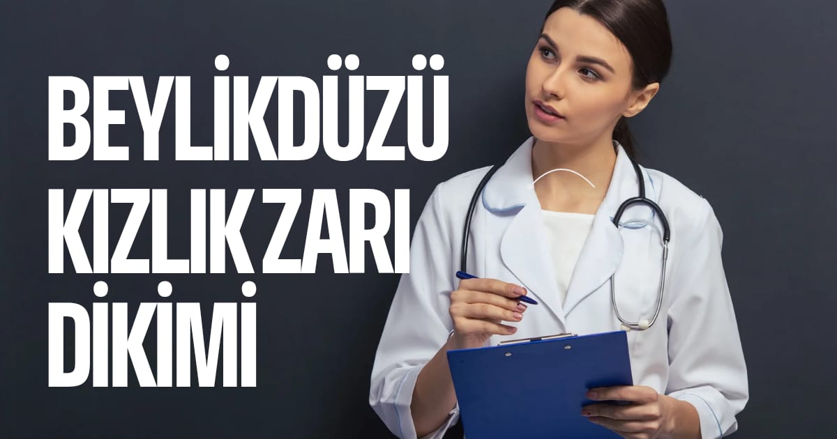 White-coated doctor with stethoscope and blue clipboard; Turkish banner advertising hymen reconstruction in Beylikdüzü.