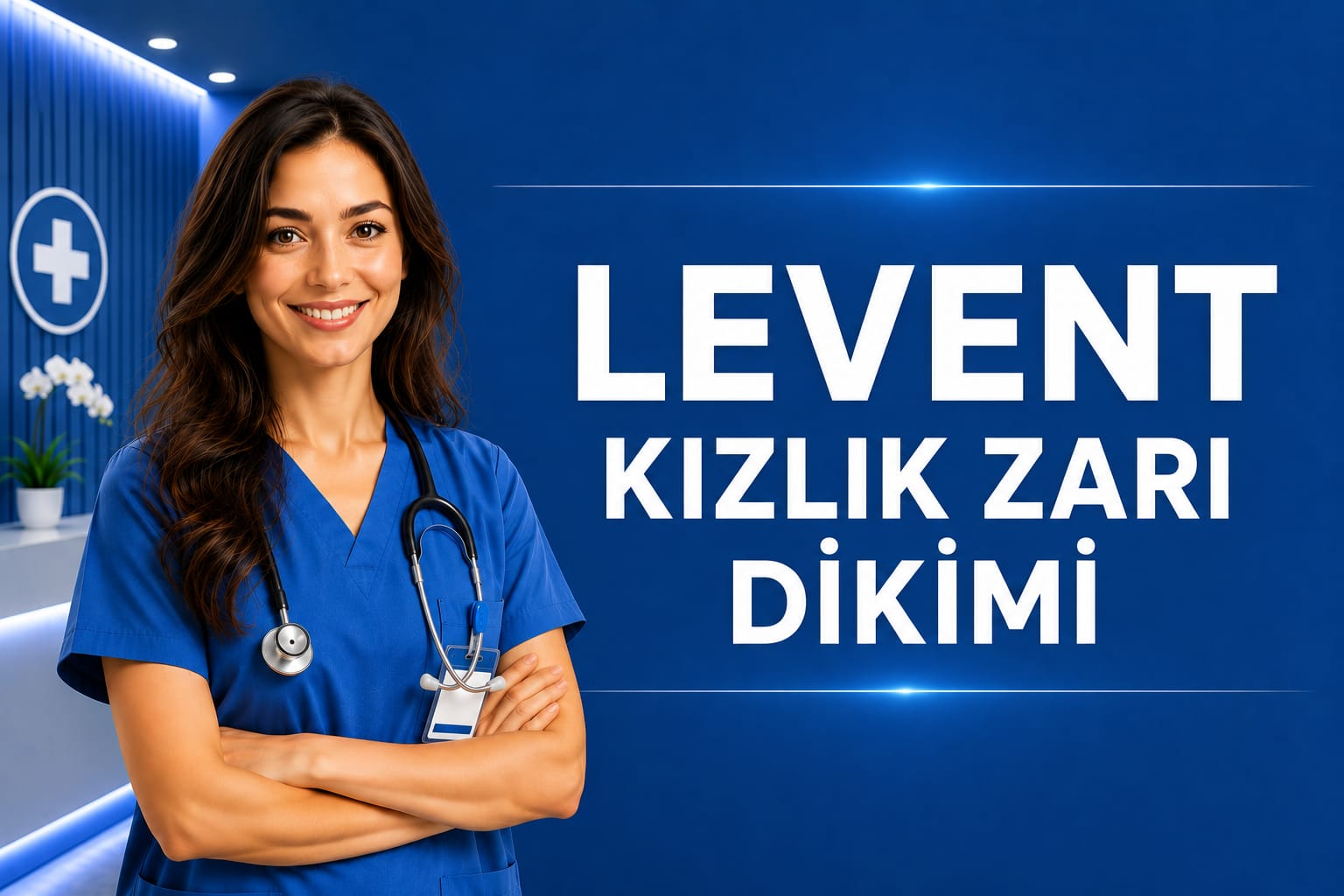 Smiling female nurse in blue scrubs stands in a clinic beside a blue banner that reads 'LEVENT KIZLIK ZARI DIKIMI' (hymen reconstruction) in white text.