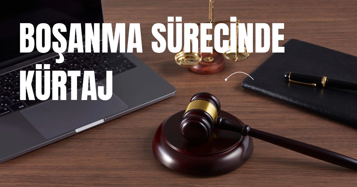 Gavel, scales, laptop and notebook on a wooden desk; Turkish text about the divorce process.