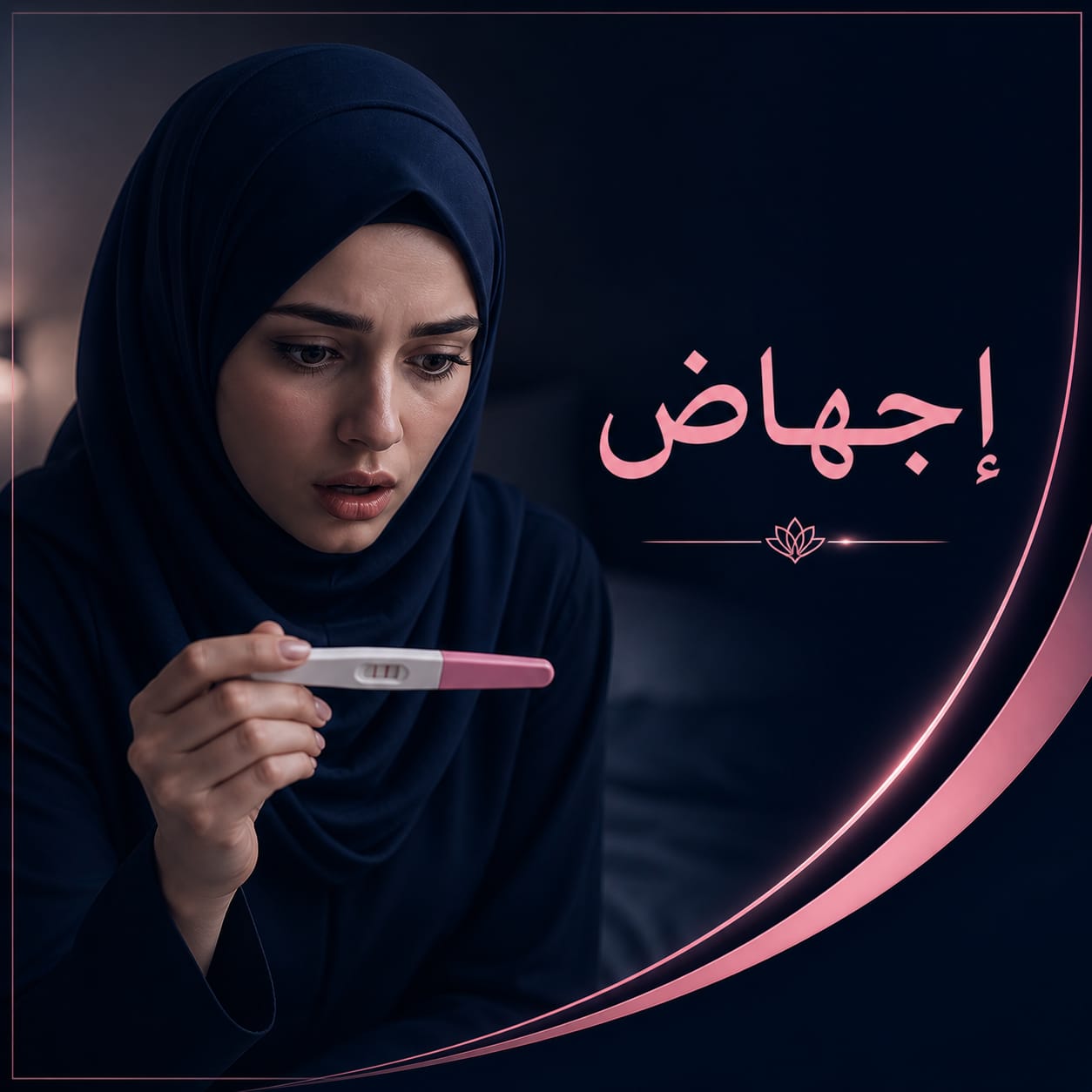 Woman in a dark hijab examines a positive pregnancy test, with pink Arabic text about abortion beside her.