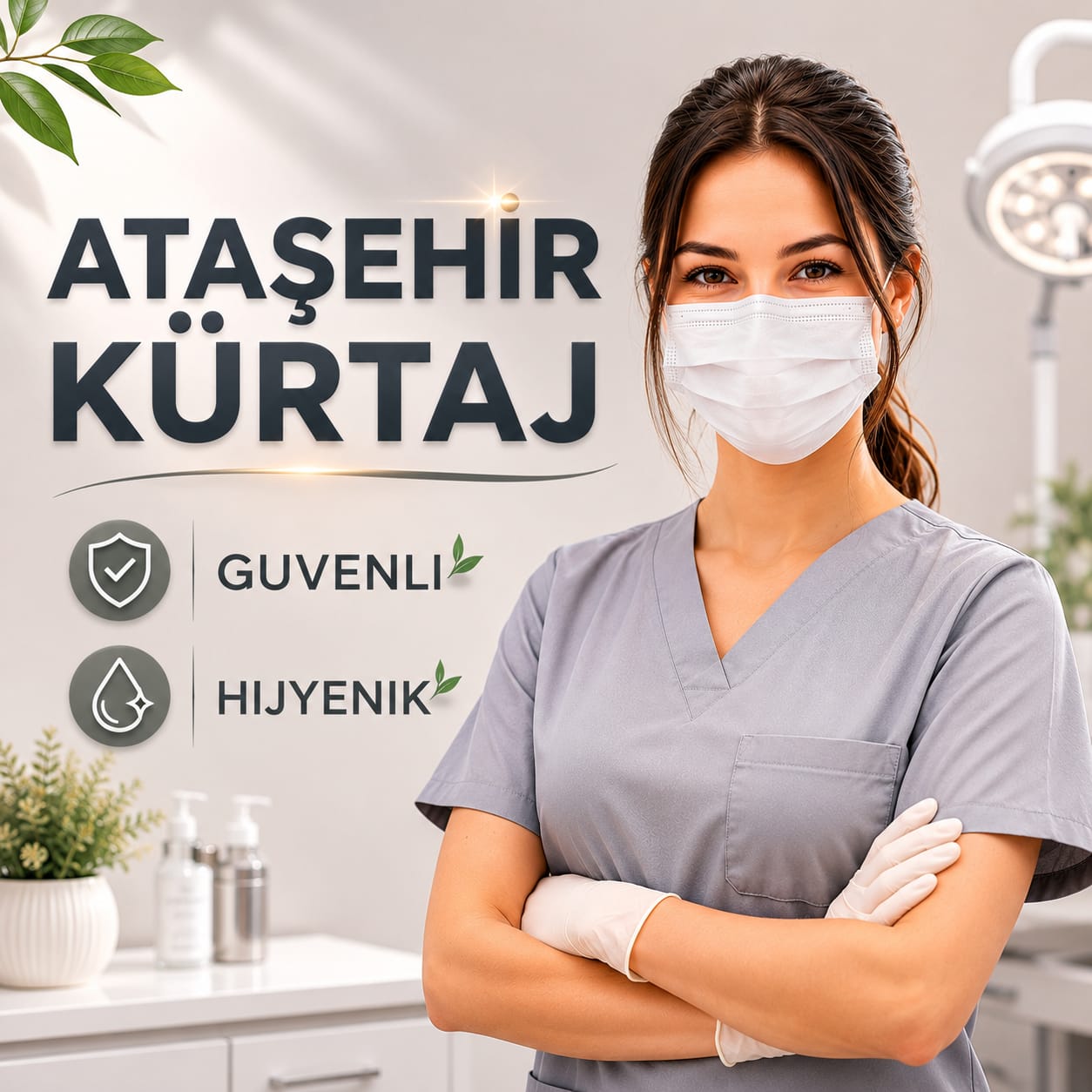 Healthcare worker in scrubs wearing a mask, standing beside multilingual safety text and hygiene icons in a clinical setting (Atasehir Kurtaj).