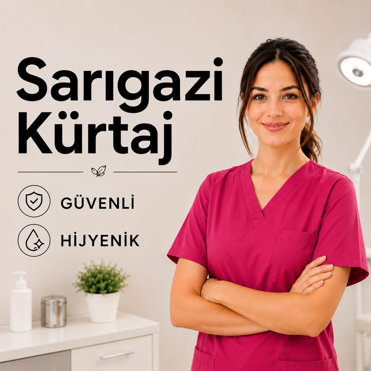 Nurse in pink scrubs smiling with arms crossed beside a banner reading 'Sargazi Kurtaj' and 'Güvenli Hijyen' in a clinical setting.