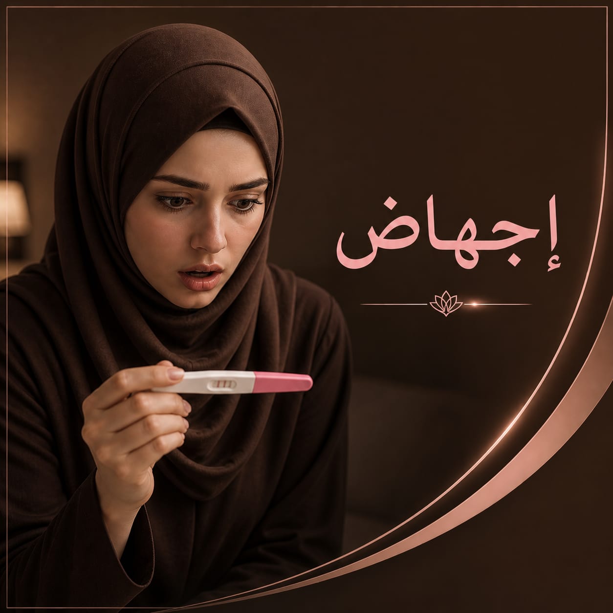 Woman wearing a brown hijab holds a pregnancy test and looks worried.