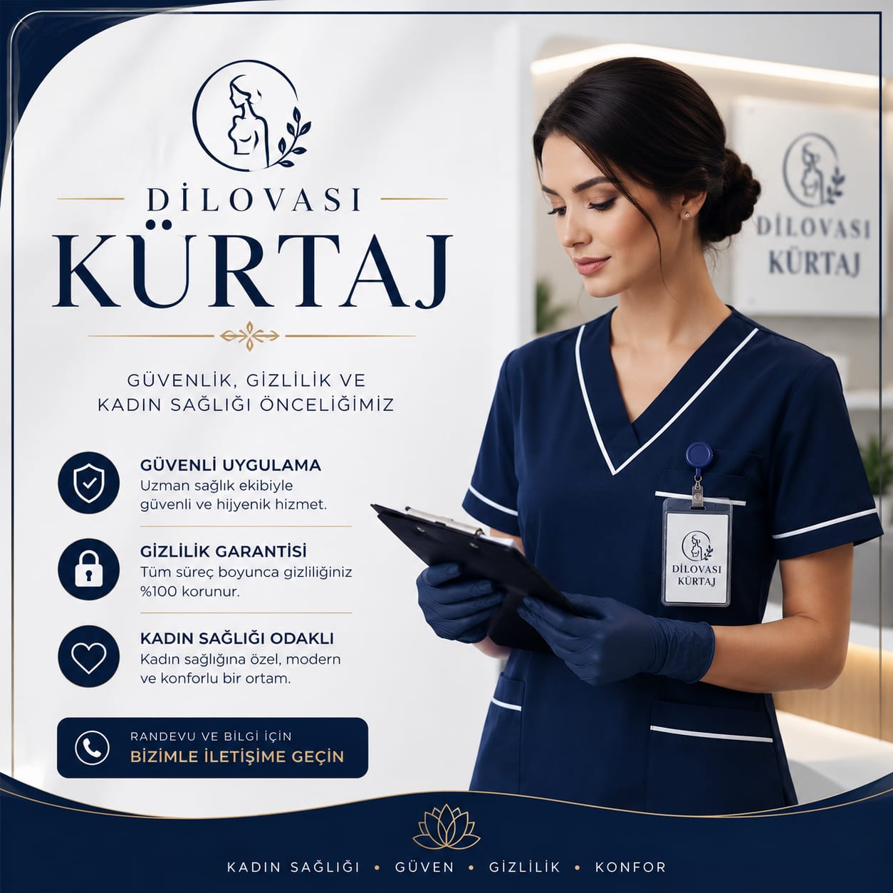 Promotional banner featuring a nurse in navy scrubs with clipboard beside a clinic sign reading 'DİLOVASI KÜRTAJ,' highlighting women's health services and safety.