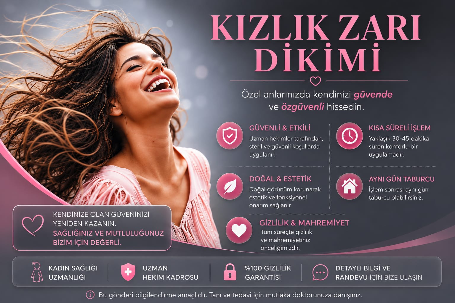 Kızlık Zarı Dikimi reklam afişi: mutlu kadın görüntüsünün solunda hizmet avantajlarını gösteren pembe ikonlar ve metinler.