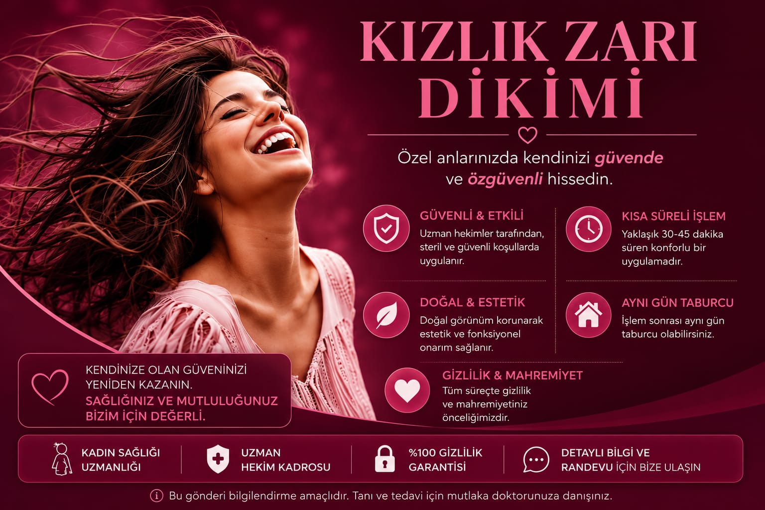 Kızlık zarı dikimi reklam afişi; gülümseyen kadın ve pembe tonlarda arka plan, hizmet özetleriyle dikkat çekiliyor.