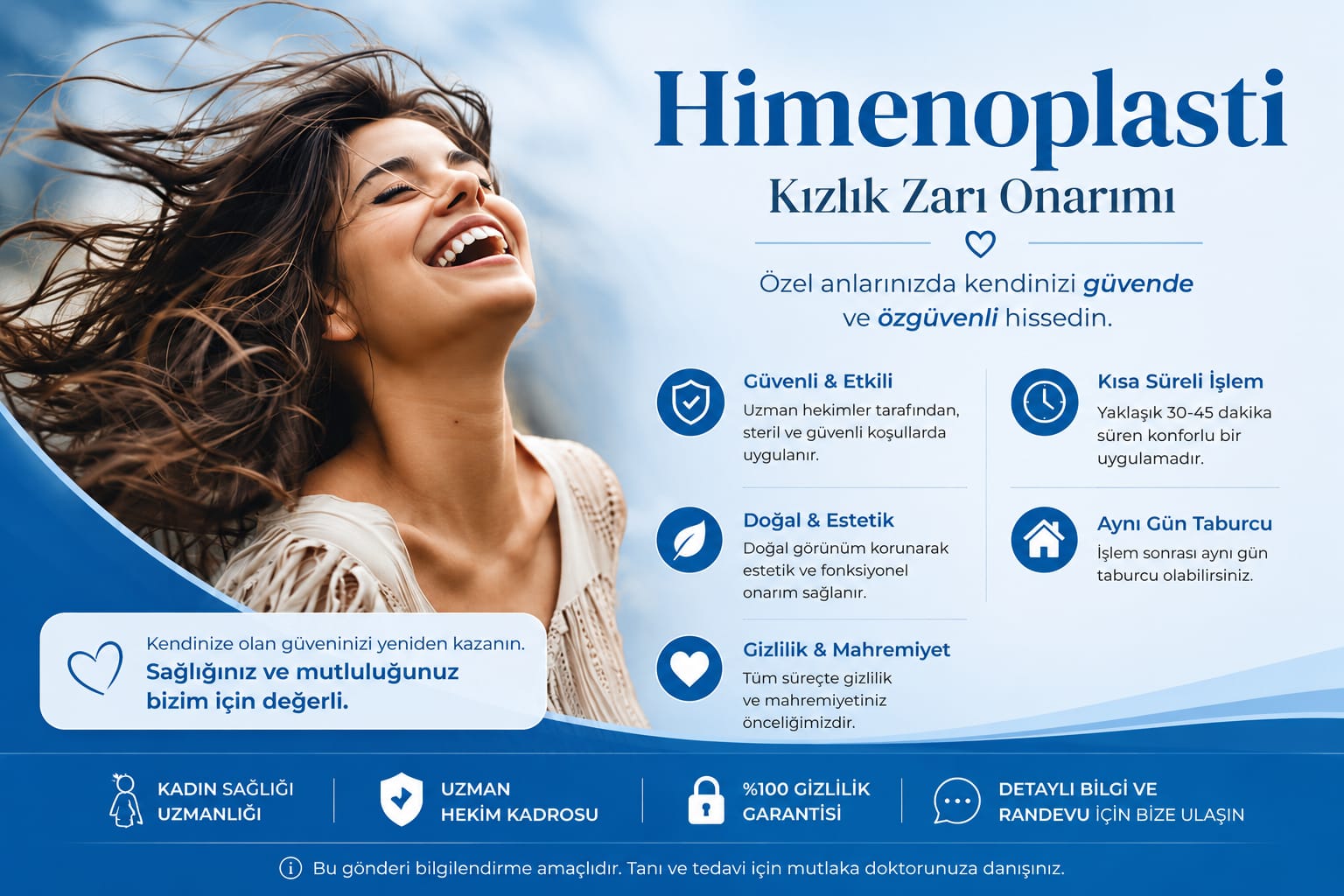 Gülümseyen kadın ve mavi reklam afişi; sağda hizmet özetleriyle hormonal estetik bir kampanya görseli.