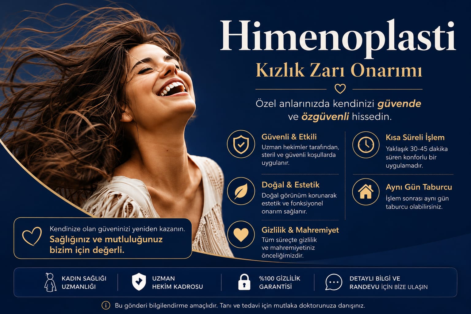 Gülümseyen kadın ve lacivert arka planlı reklam görseli; Himenoplasti ve kızlık zarı onarımı hizmetlerini tanıtıyor.